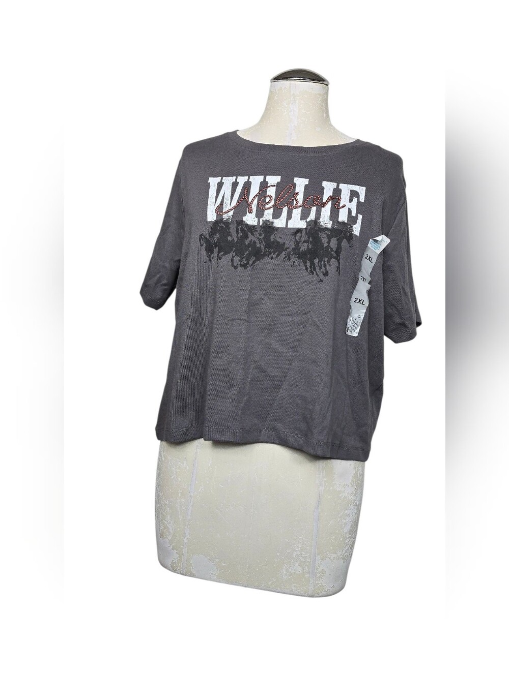 NWT Willie Nelson Bravado Band Graphic Horses Charcoal Grey Crop Top Size 2XL